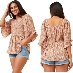 Hayden Floral Boho Cottagecore Babydoll Blouse Top Smocked Ruffle Size Small